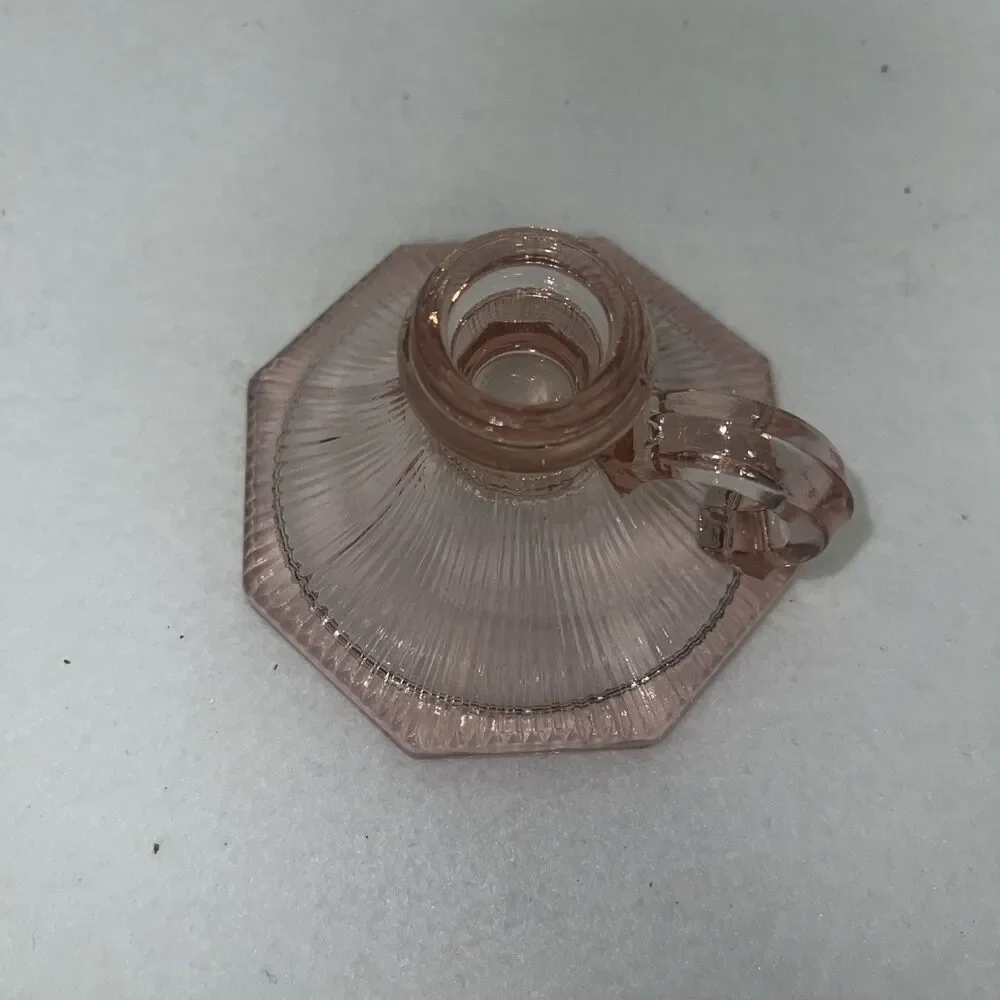 Vintage Pink Glass Candle Holder Chamberstick Ribbed Hexagon Depression